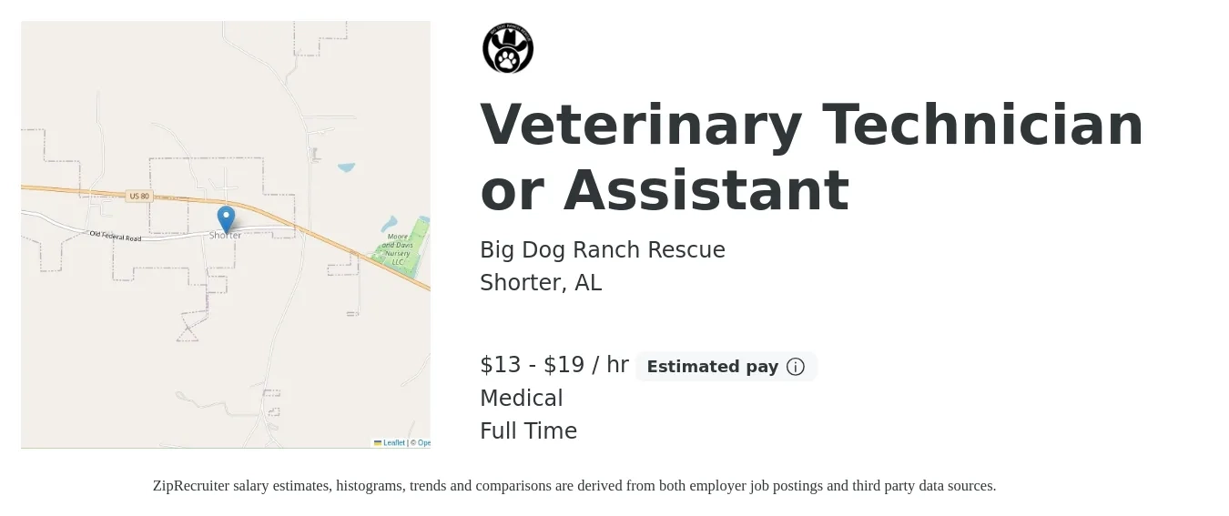 Big Dog Ranch Rescue job posting for a Veterinary Technician or Assistant in Shorter, AL with a salary of $14 to $20 Hourly and benefits including medical with a map of Shorter location.