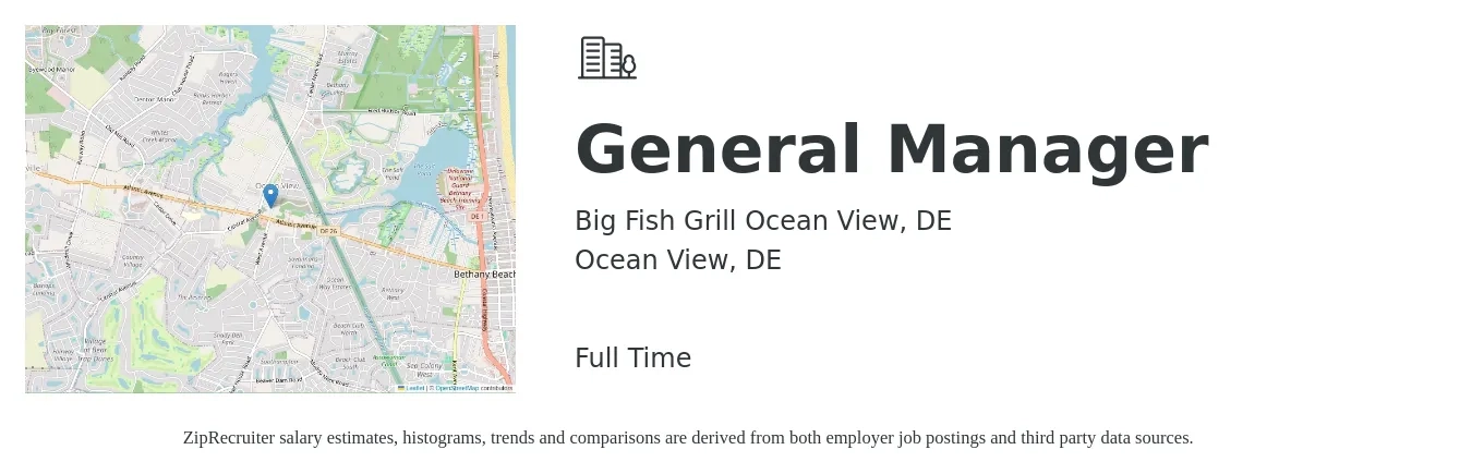 Big Fish Grill Ocean View, DE job posting for a General Manager in Ocean View, DE with a salary of $49,300 to $73,800 Yearly with a map of Ocean View location.