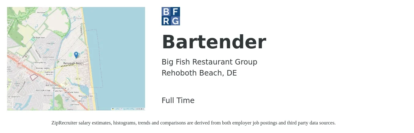 Big Fish Restaurant Group job posting for a Bartender in Rehoboth Beach, DE with a salary of $10 to $18 Hourly with a map of Rehoboth Beach location.