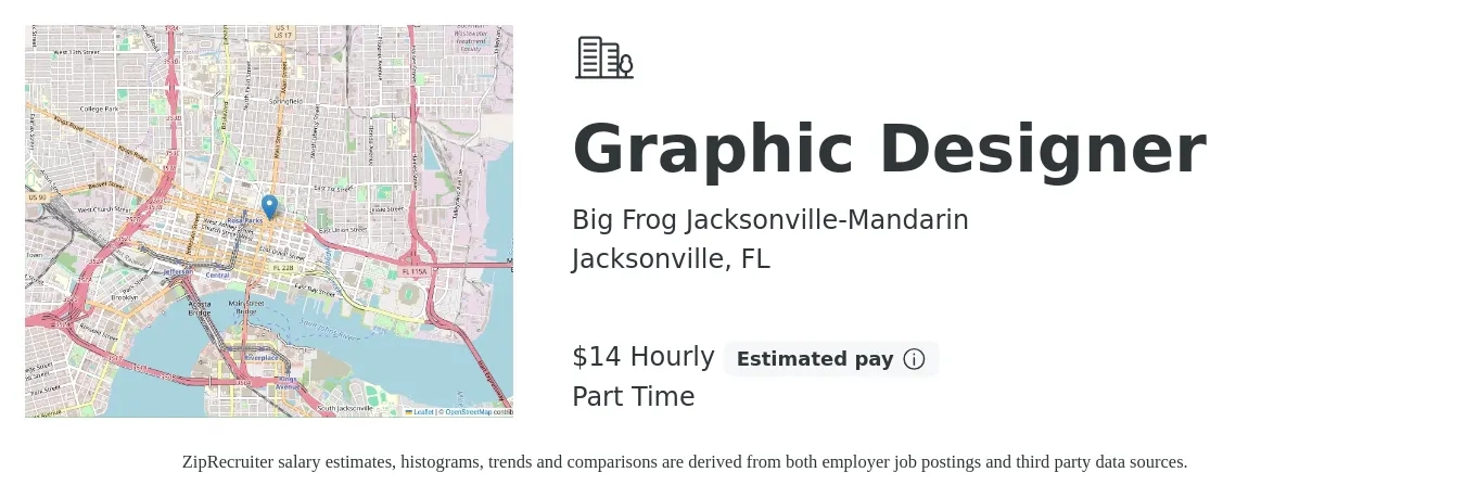 Big Frog Jacksonville-Mandarin job posting for a Graphic Designer in Jacksonville, FL with a salary of $15 Hourly (plus commission) with a map of Jacksonville location.
