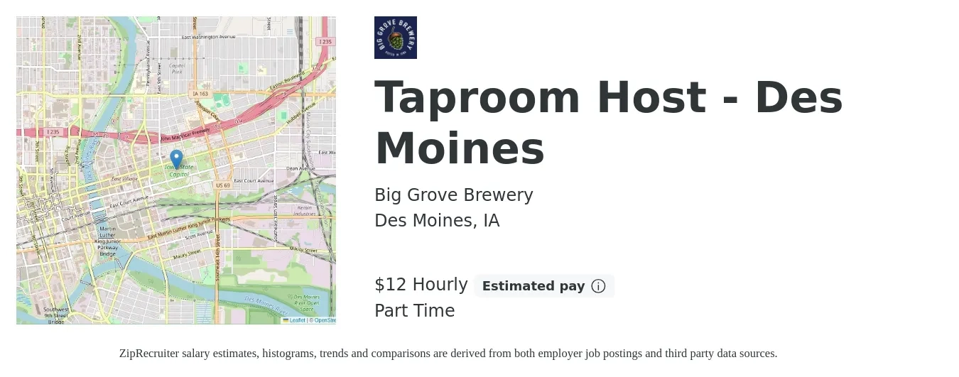 Big Grove Brewery job posting for a Taproom Host - Des Moines in Des Moines, IA with a salary of $13 Hourly with a map of Des Moines location.