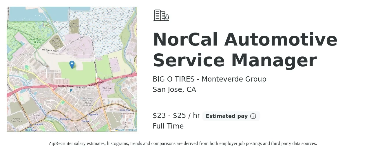 BIG O TIRES - Monteverde Group job posting for a NorCal Automotive Service Manager in San Jose, CA with a salary of $24 to $27 Hourly with a map of San Jose location.