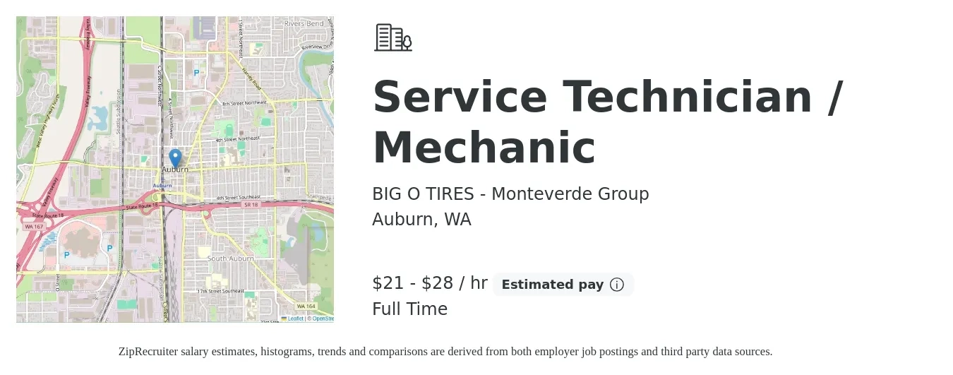 BIG O TIRES - Monteverde Group job posting for a Service Technician / Mechanic in Auburn, WA with a salary of $22 to $30 Hourly with a map of Auburn location.