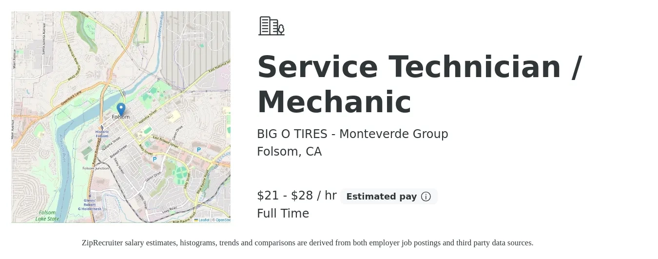 BIG O TIRES - Monteverde Group job posting for a Service Technician / Mechanic in Folsom, CA with a salary of $22 to $30 Hourly with a map of Folsom location.