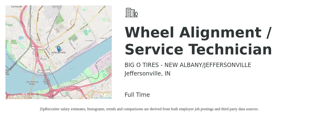 BIG O TIRES - NEW ALBANY/JEFFERSONVILLE job posting for a Wheel Alignment / Service Technician in Jeffersonville, IN with a salary of $30,000 to $40,000 Yearly with a map of Jeffersonville location.