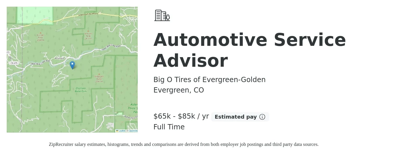 Big O Tires of Evergreen-Golden job posting for a Automotive Service Advisor in Evergreen, CO with a salary of $65,000 to $85,000 Yearly with a map of Evergreen location.