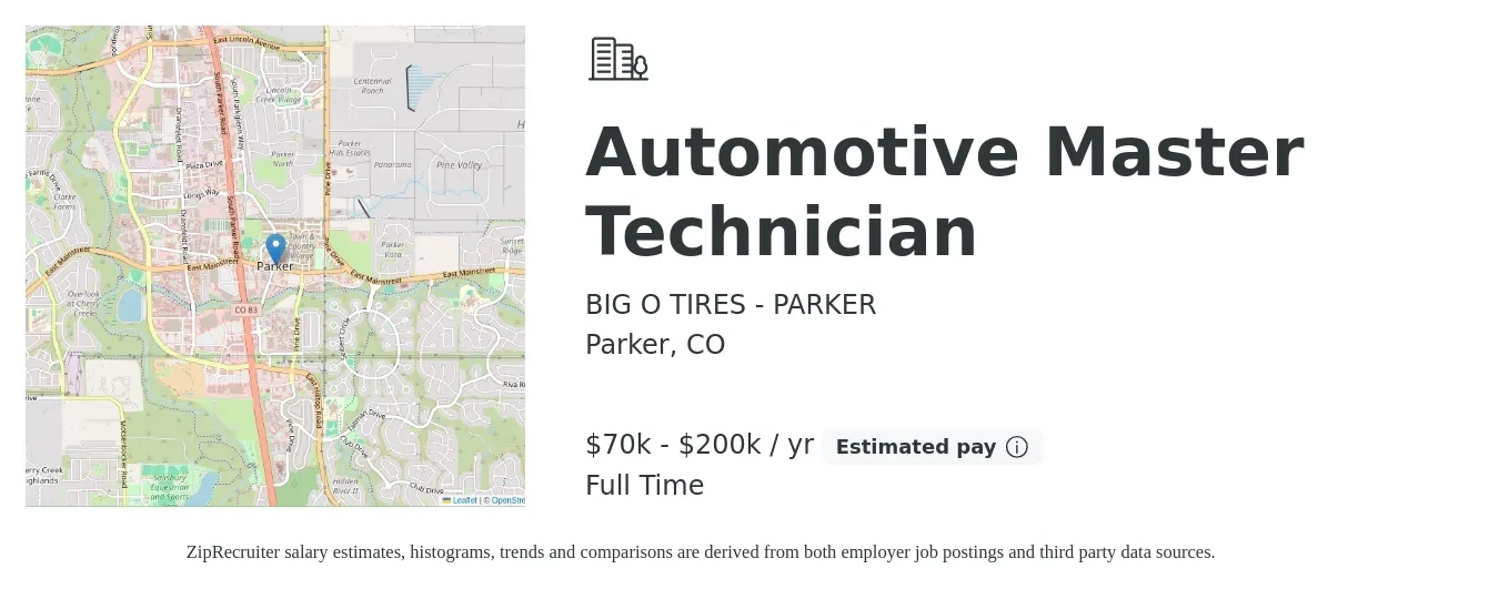 BIG O TIRES - PARKER job posting for a Automotive Master Technician in Parker, CO with a salary of $70,000 to $200,000 Yearly with a map of Parker location.