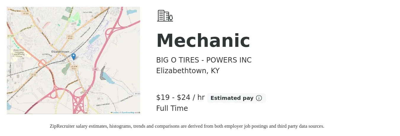 BIG O TIRES - POWERS INC job posting for a Mechanic in Elizabethtown, KY with a salary of $20 to $25 Hourly with a map of Elizabethtown location.