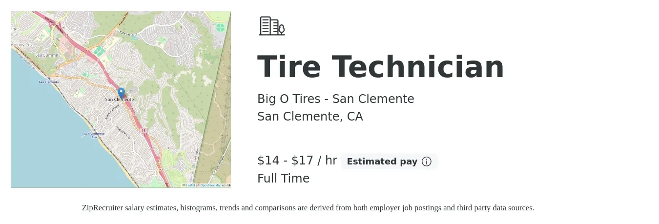 Big O Tires - San Clemente job posting for a Tire Technician in San Clemente, CA with a salary of $15 to $18 Hourly with a map of San Clemente location.