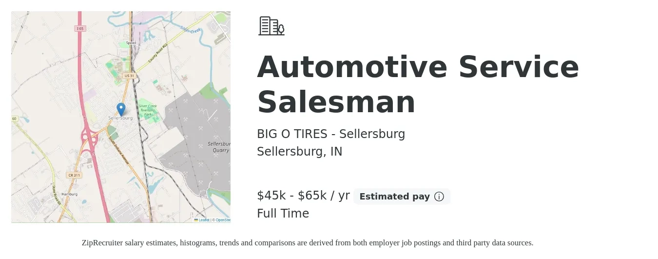 BIG O TIRES - Sellersburg job posting for a Automotive Service Salesman in Sellersburg, IN with a salary of $45,000 to $65,000 Yearly with a map of Sellersburg location.