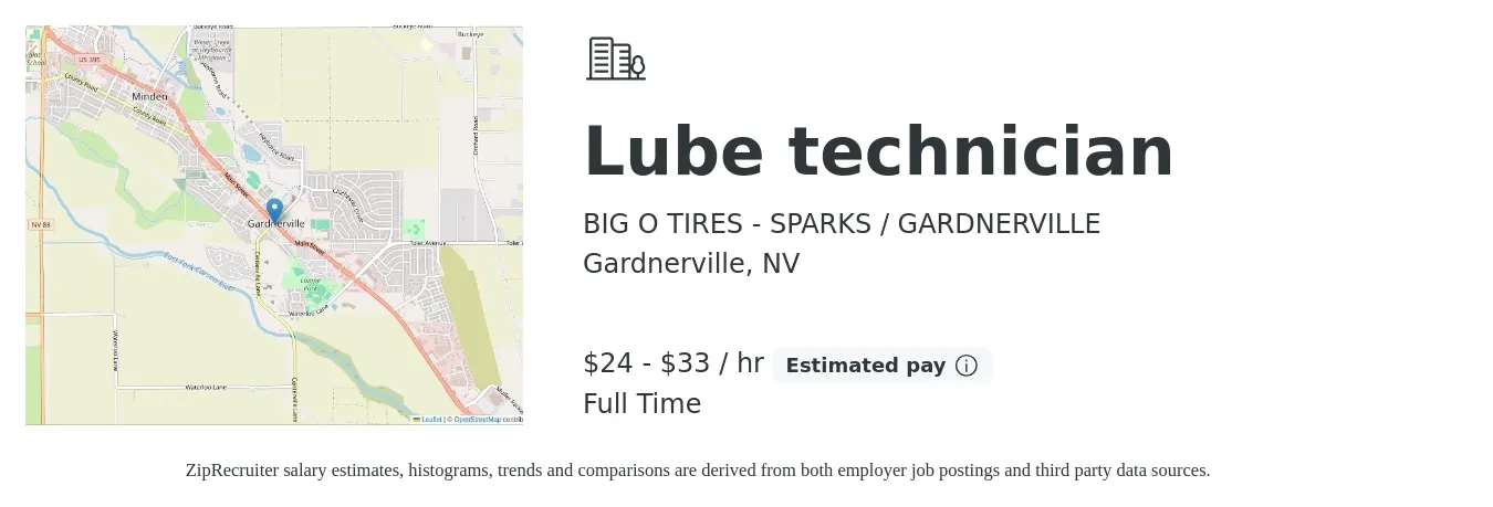BIG O TIRES - SPARKS / GARDNERVILLE job posting for a Lube technician in Gardnerville, NV with a salary of $25 to $35 Hourly with a map of Gardnerville location.