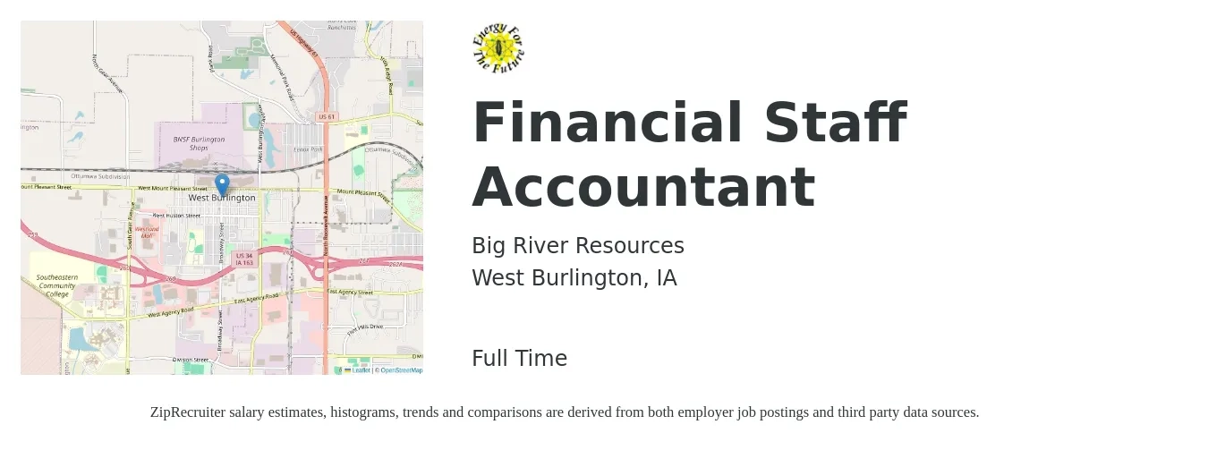 Big River Resources job posting for a Financial Staff Accountant in West Burlington, IA with a salary of $52,900 to $69,800 Yearly with a map of West Burlington location.