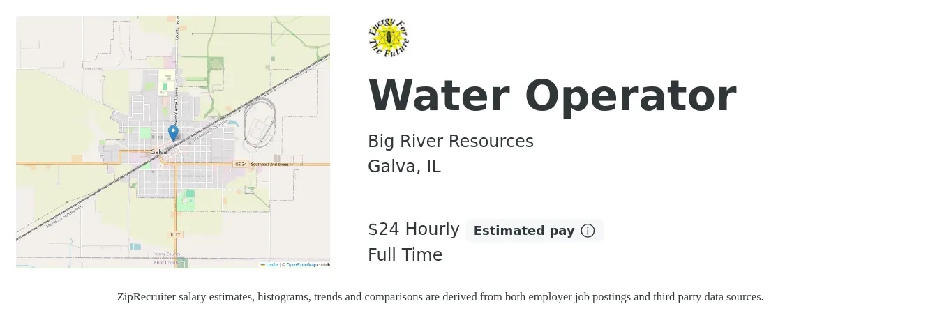 Big River Resources job posting for a Water Operator in Galva, IL with a salary of $20 to $29 Hourly with a map of Galva location.