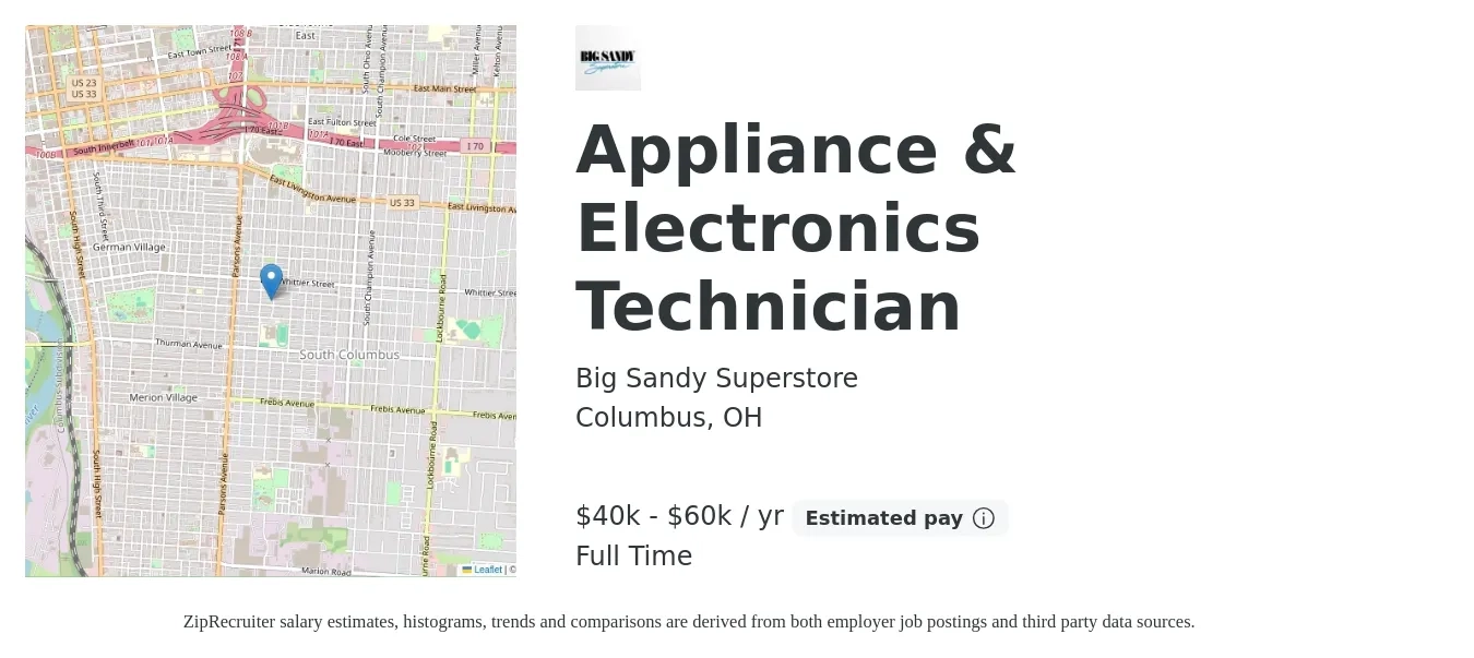 Big Sandy Superstore job posting for a Appliance & Electronics Technician in Columbus, OH with a salary of $40,000 to $60,000 Yearly with a map of Columbus location.