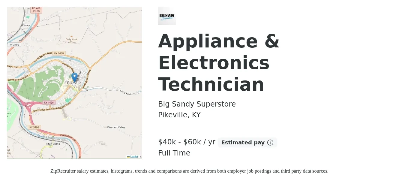 Big Sandy Superstore job posting for a Appliance & Electronics Technician in Pikeville, KY with a salary of $40,000 to $60,000 Yearly with a map of Pikeville location.