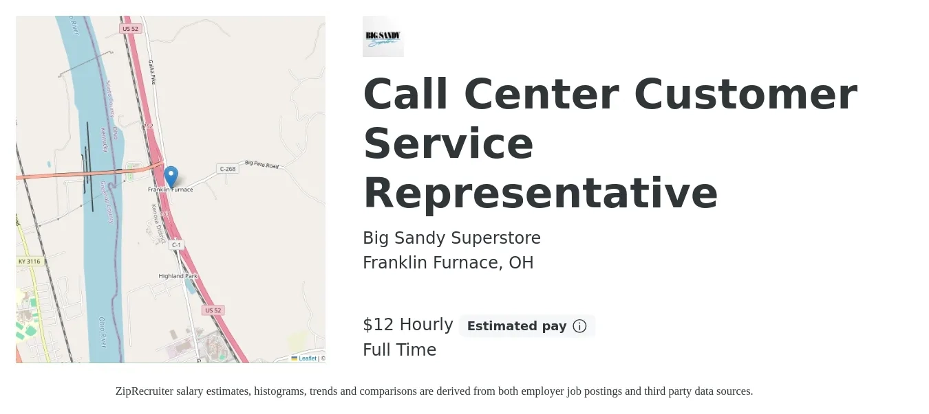 Big Sandy Superstore job posting for a Call Center Customer Service Representative in Franklin Furnace, OH with a salary of $13 Hourly with a map of Franklin Furnace location.