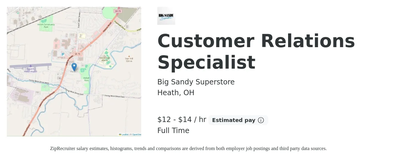 Big Sandy Superstore job posting for a Customer Relations Specialist in Heath, OH with a salary of $13 to $15 Hourly with a map of Heath location.