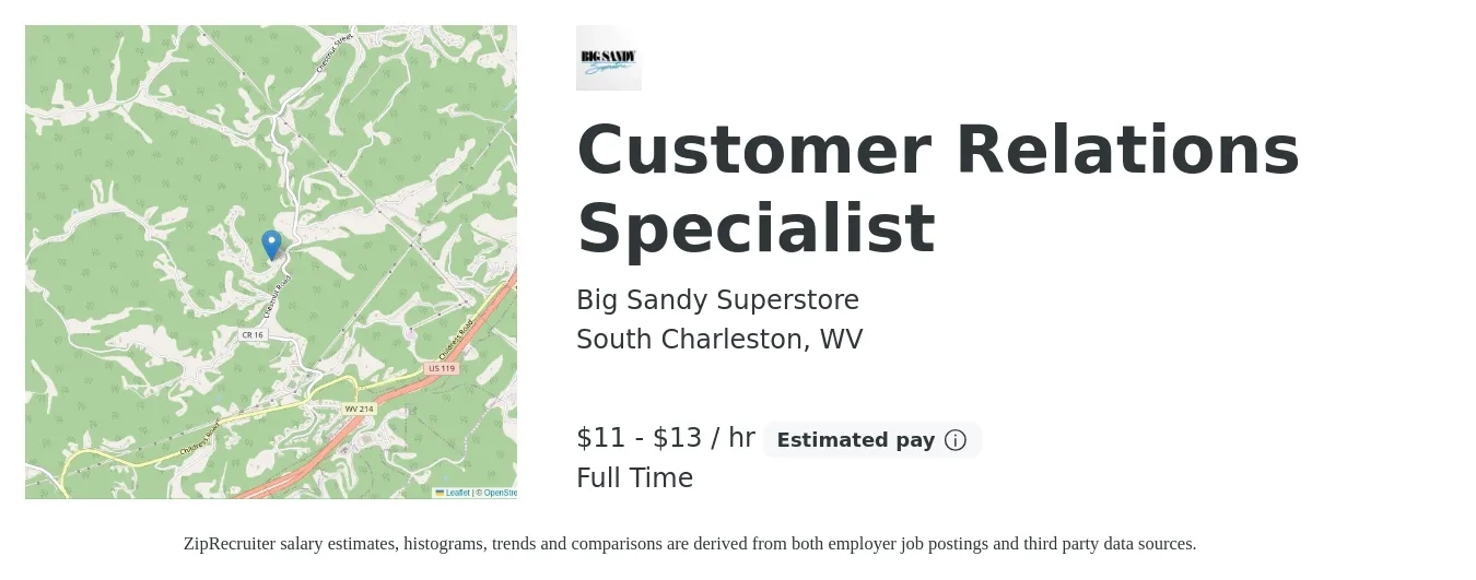 Big Sandy Superstore job posting for a Customer Relations Specialist in South Charleston, WV with a salary of $12 to $14 Hourly with a map of South Charleston location.