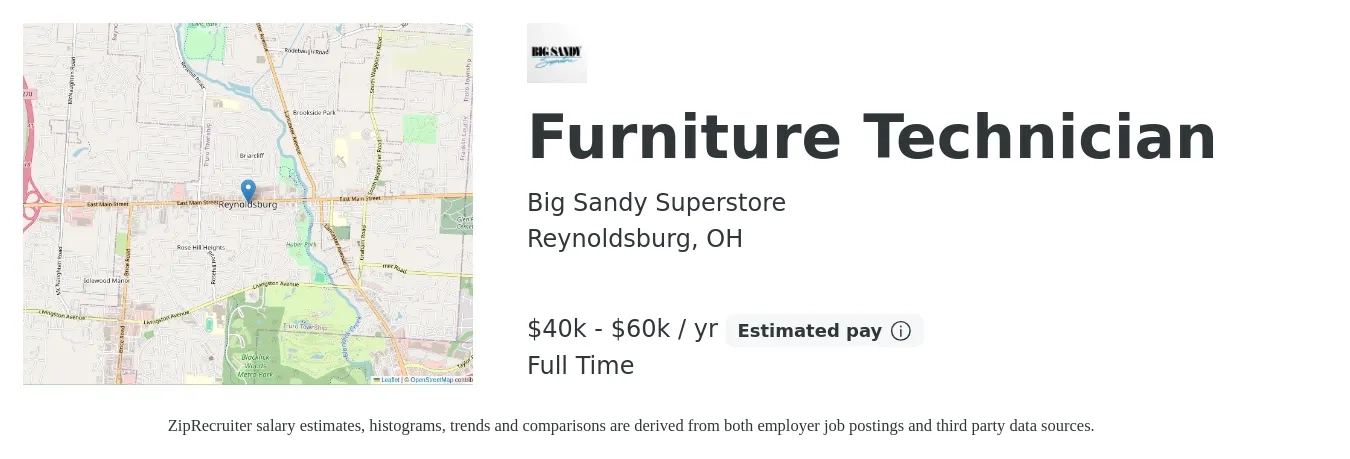Big Sandy Superstore job posting for a Furniture Technician in Reynoldsburg, OH with a salary of $40,000 to $60,000 Yearly with a map of Reynoldsburg location.