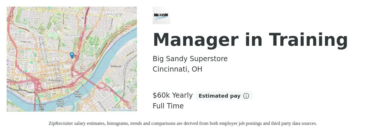 Big Sandy Superstore job posting for a Manager in Training in Cincinnati, OH with a salary of $60,000 Yearly with a map of Cincinnati location.