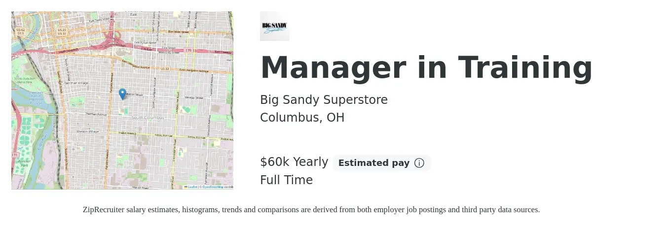 Big Sandy Superstore job posting for a Manager in Training in Columbus, OH with a salary of $60,000 Yearly with a map of Columbus location.