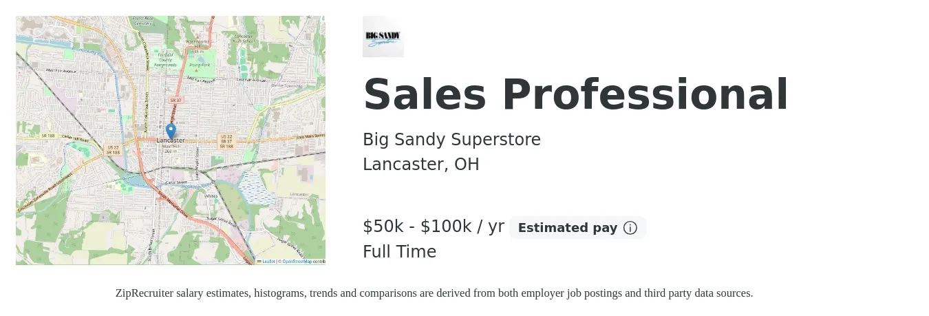 Big Sandy Superstore job posting for a Sales Professional in Lancaster, OH with a salary of $50,000 to $100,000 Yearly with a map of Lancaster location.
