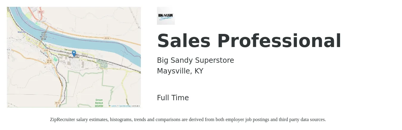 Big Sandy Superstore job posting for a Sales Professional in Maysville, KY with a salary of $50,000 to $100,000 Yearly with a map of Maysville location.
