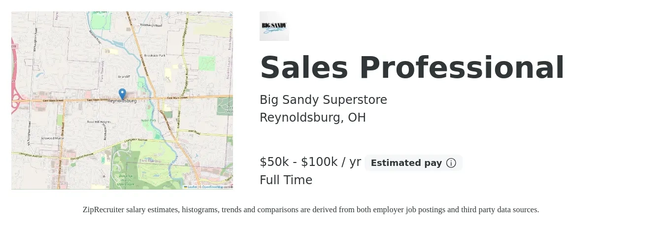 Big Sandy Superstore job posting for a Sales Professional in Reynoldsburg, OH with a salary of $50,000 to $100,000 Yearly with a map of Reynoldsburg location.
