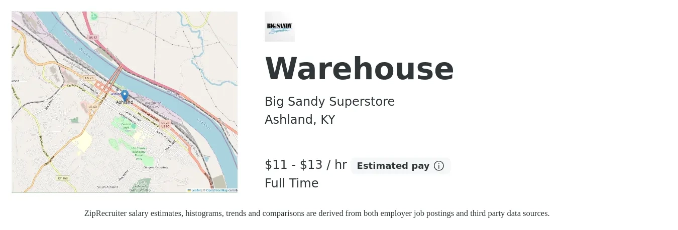 Big Sandy Superstore job posting for a Warehouse in Ashland, KY with a salary of $10 to $12 Hourly with a map of Ashland location.