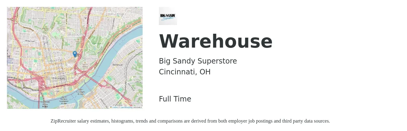 Big Sandy Superstore job posting for a Warehouse in Cincinnati, OH with a salary of $14 to $15 Hourly with a map of Cincinnati location.