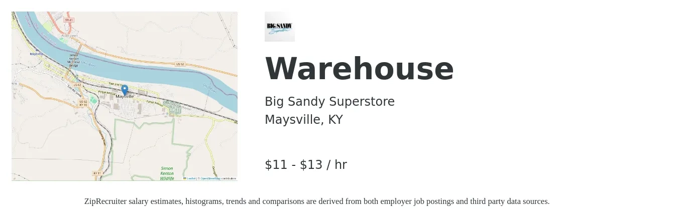 Big Sandy Superstore job posting for a Warehouse in Maysville, KY with a salary of $12 to $14 Hourly with a map of Maysville location.