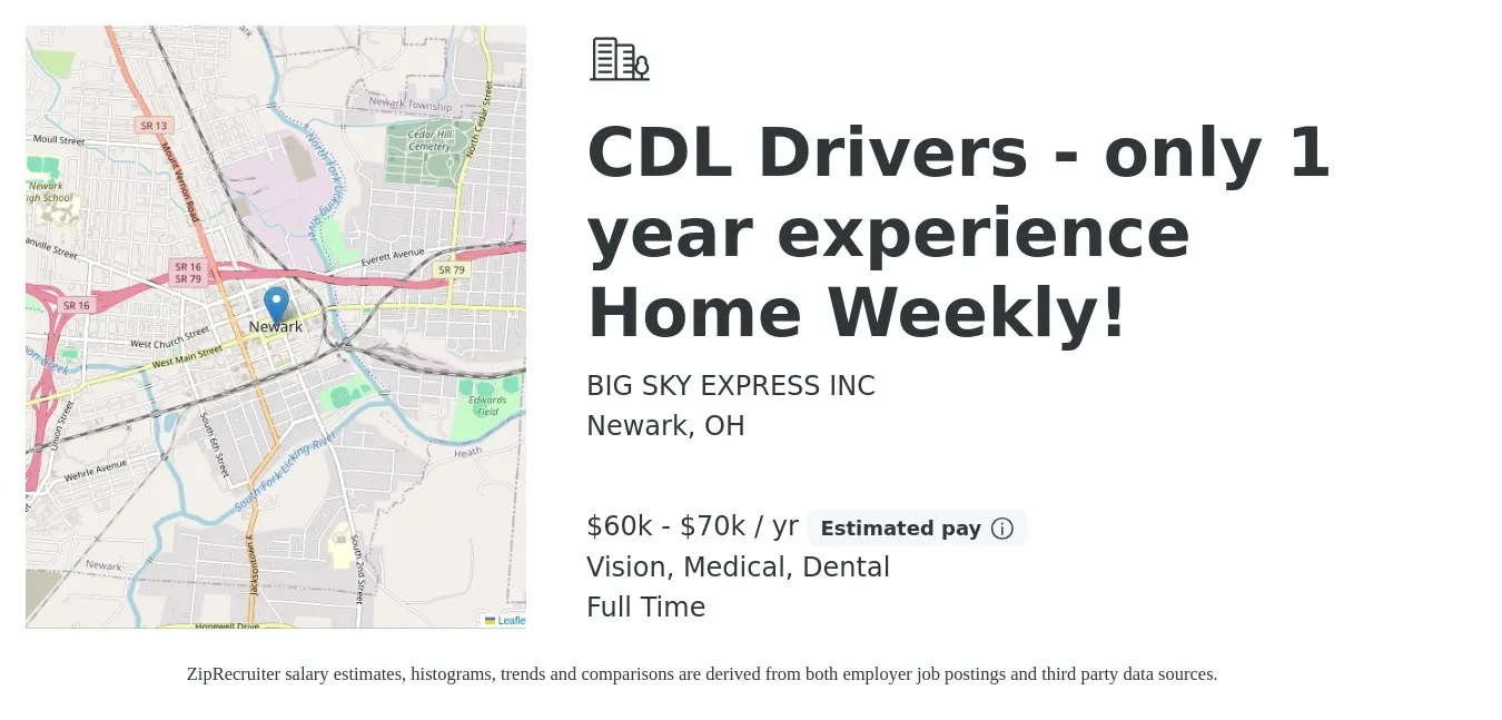 BIG SKY EXPRESS INC job posting for a CDL Drivers - only 1 year experience Home Weekly! in Newark, OH with a salary of $60,000 to $70,000 Yearly and benefits including dental, life_insurance, medical, and vision with a map of Newark location.