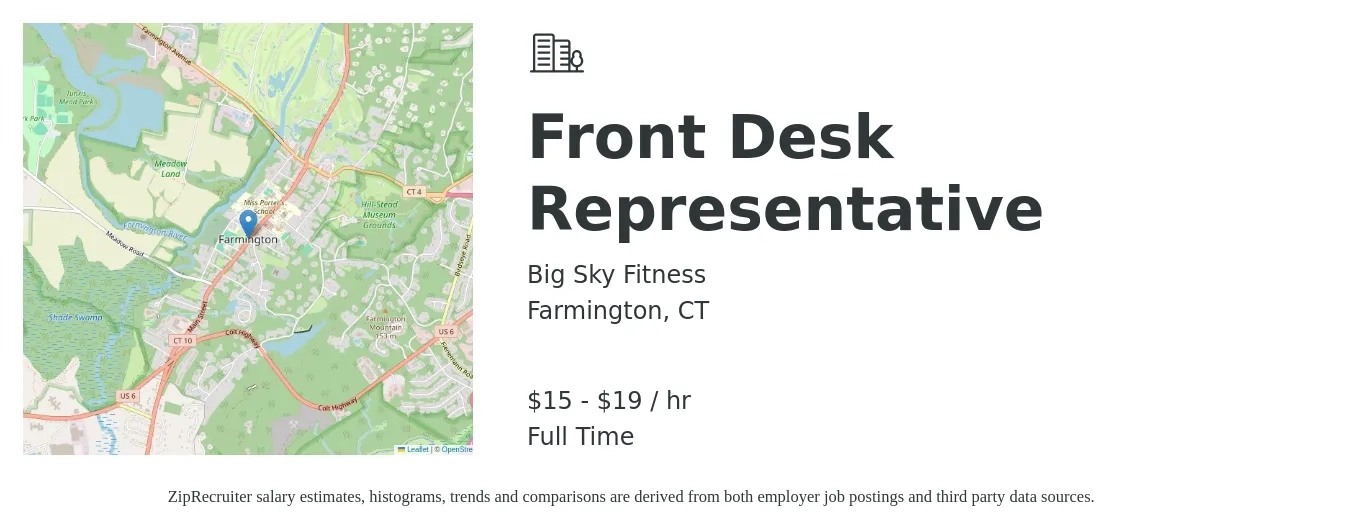 Big Sky Fitness job posting for a Front Desk Representative in Farmington, CT with a salary of $16 to $20 Hourly with a map of Farmington location.