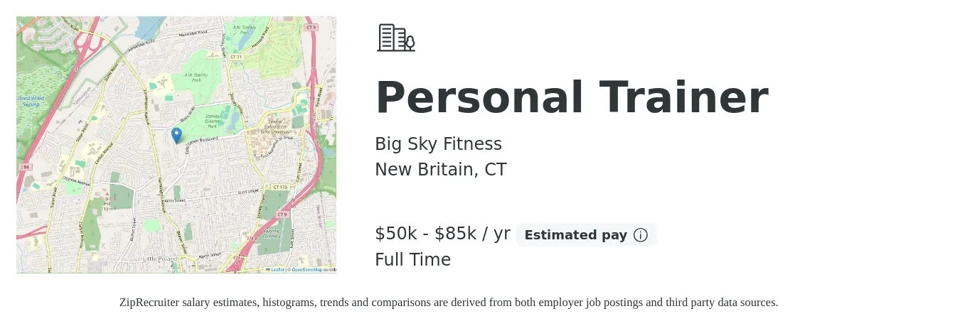 Big Sky Fitness job posting for a Personal Trainer in New Britain, CT with a salary of $50,000 to $85,000 Yearly with a map of New Britain location.