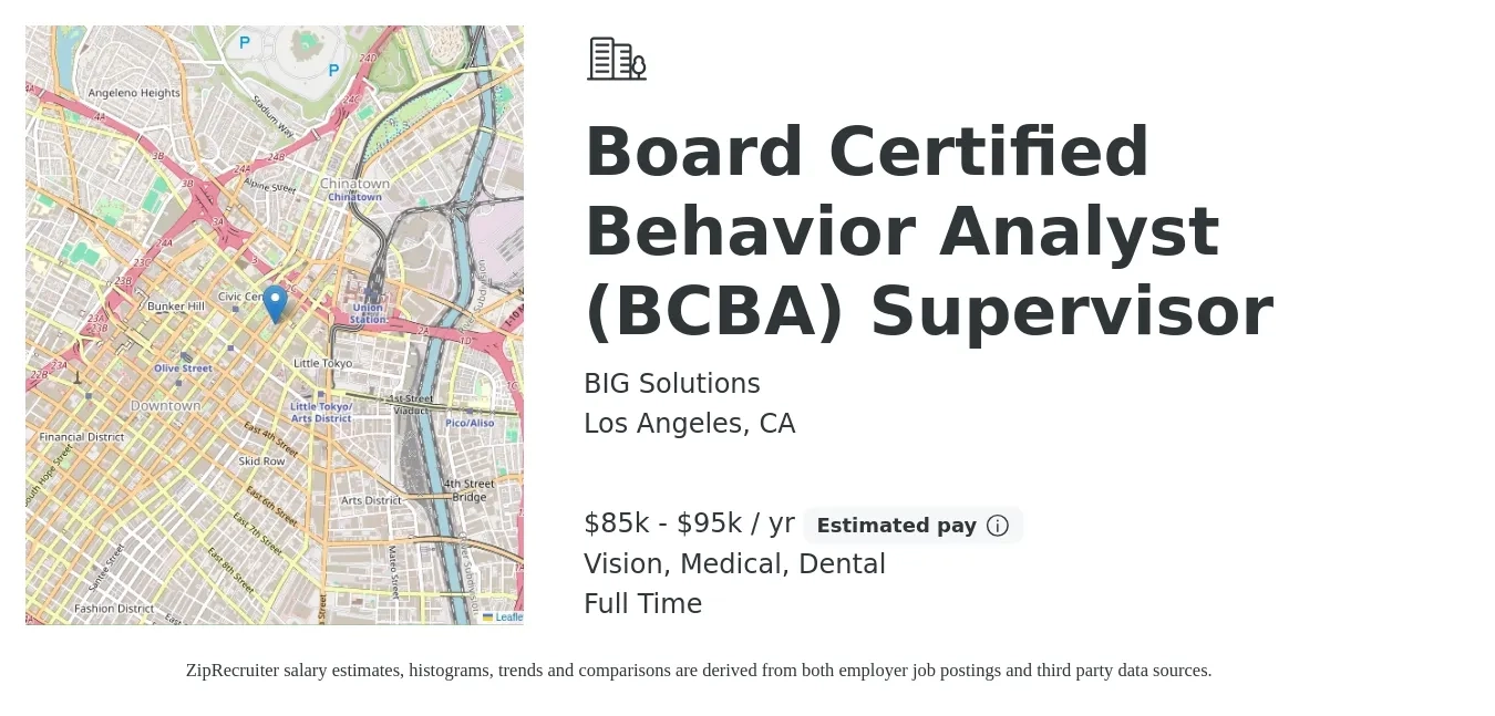 BIG Solutions job posting for a Board Certified Behavior Analyst (BCBA) Supervisor in Los Angeles, CA with a salary of $85,000 Yearly with a map of Los Angeles location.