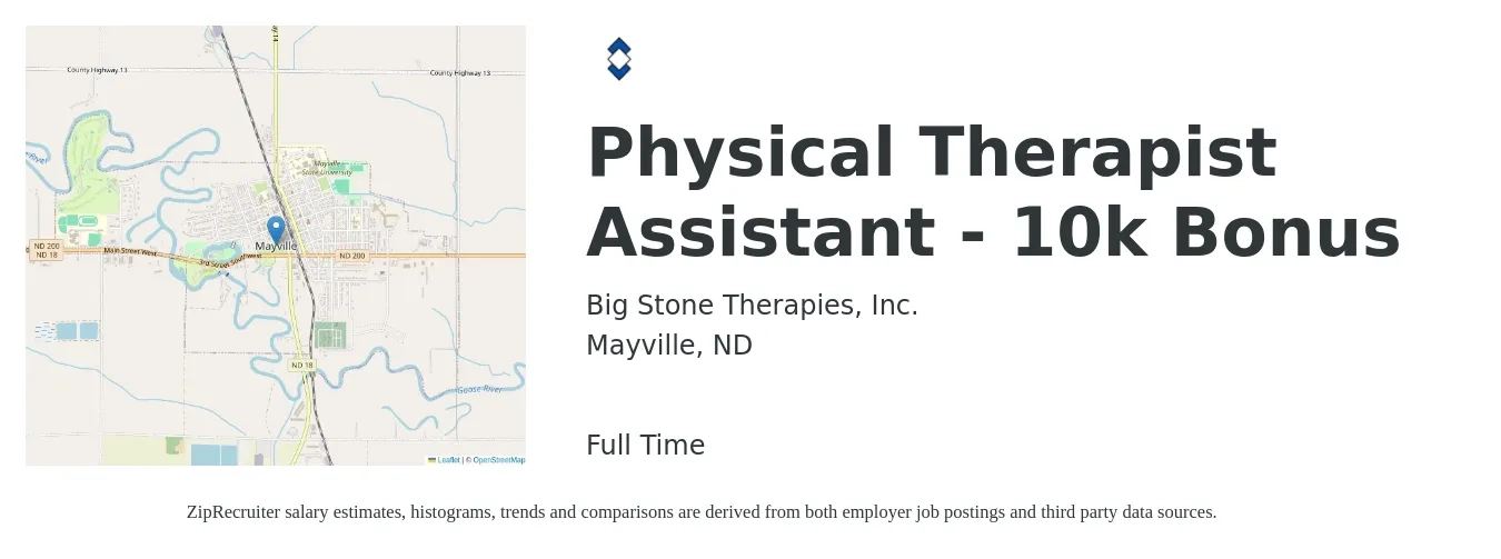 Big Stone Therapies, Inc. job posting for a Physical Therapist Assistant - 10k Bonus in Mayville, ND with a salary of $28 to $38 Hourly with a map of Mayville location.