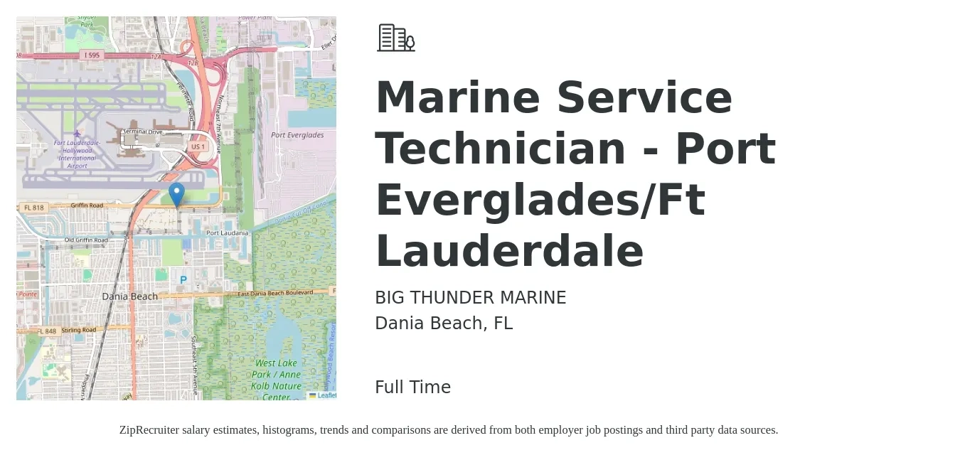 BIG THUNDER MARINE job posting for a Marine Service Technician - Port Everglades/Ft Lauderdale in Dania Beach, FL with a salary of $21 to $30 Hourly with a map of Dania Beach location.