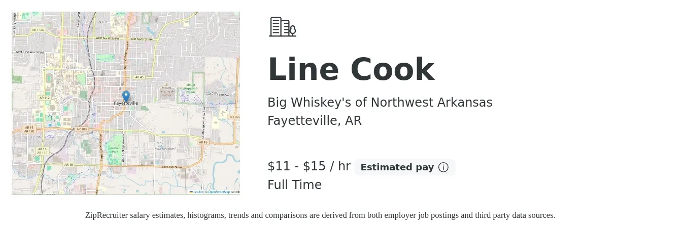 Big Whiskey's of Northwest Arkansas job posting for a Line Cook in Fayetteville, AR with a salary of $12 to $16 Hourly with a map of Fayetteville location.