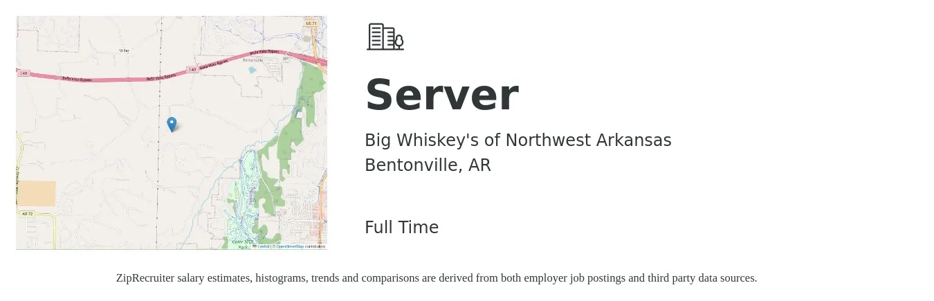 Big Whiskey's of Northwest Arkansas job posting for a Server in Bentonville, AR with a salary of $9 to $15 Hourly with a map of Bentonville location.