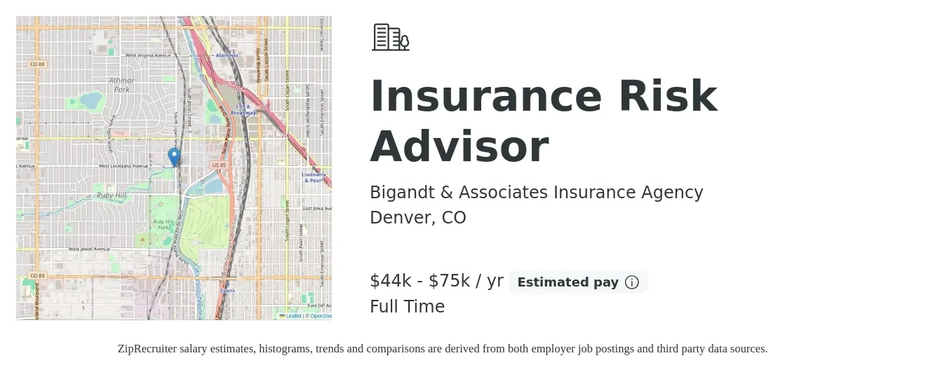 Bigandt & Associates Insurance Agency job posting for a Insurance Risk Advisor in Denver, CO with a salary of $44,000 to $75,000 Yearly with a map of Denver location.