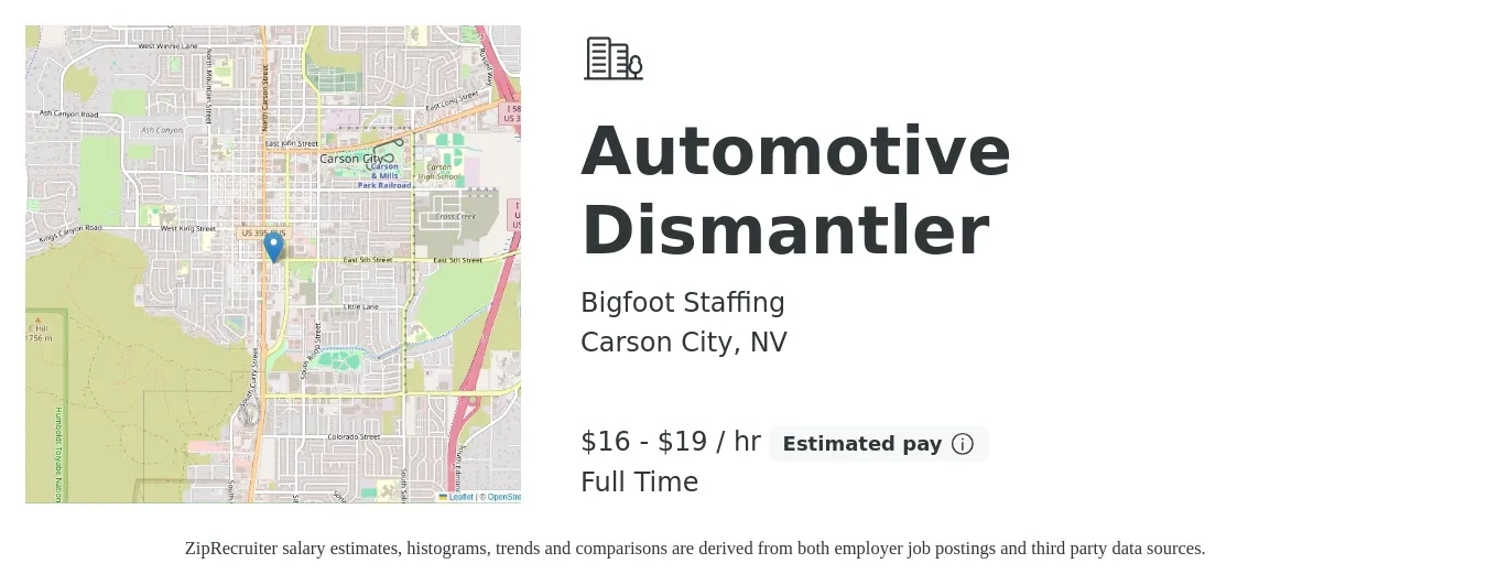 Bigfoot Staffing job posting for a Automotive Dismantler in Carson City, NV with a salary of $17 to $20 Hourly with a map of Carson City location.