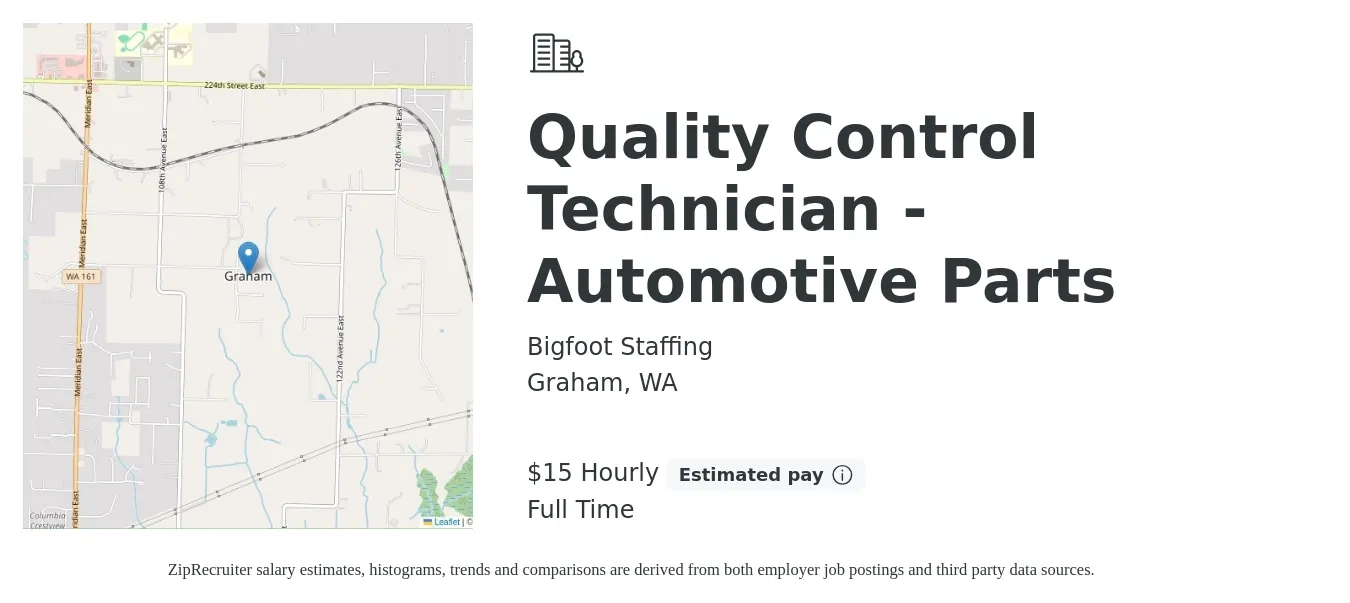 Bigfoot Staffing job posting for a Quality Control Technician - Automotive Parts in Graham, WA with a salary of $16 Hourly with a map of Graham location.