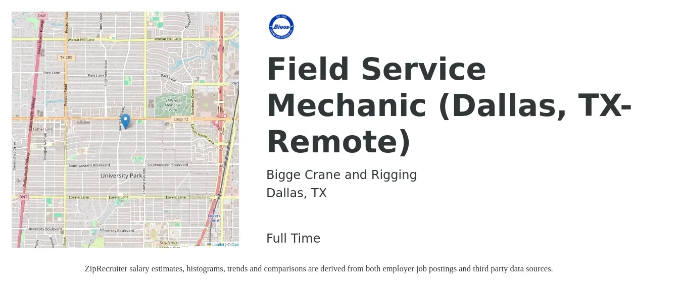Bigge Crane and Rigging job posting for a Field Service Mechanic (Dallas, TX-Remote) in Dallas, TX with a salary of $25 to $34 Hourly with a map of Dallas location.