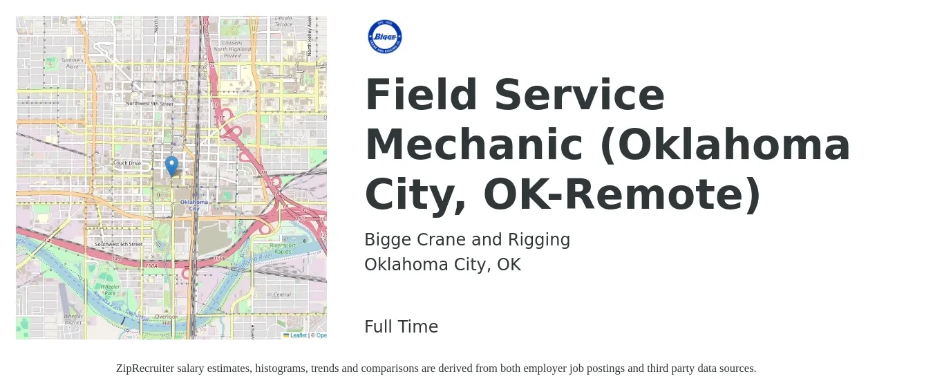 Bigge Crane and Rigging job posting for a Field Service Mechanic (Oklahoma City, OK-Remote) in Oklahoma City, OK with a salary of $23 to $32 Hourly with a map of Oklahoma City location.