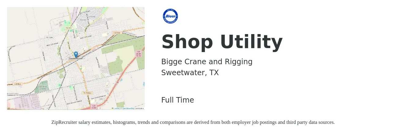 Bigge Crane and Rigging job posting for a Shop Utility in Sweetwater, TX with a salary of $11 to $16 Hourly with a map of Sweetwater location.