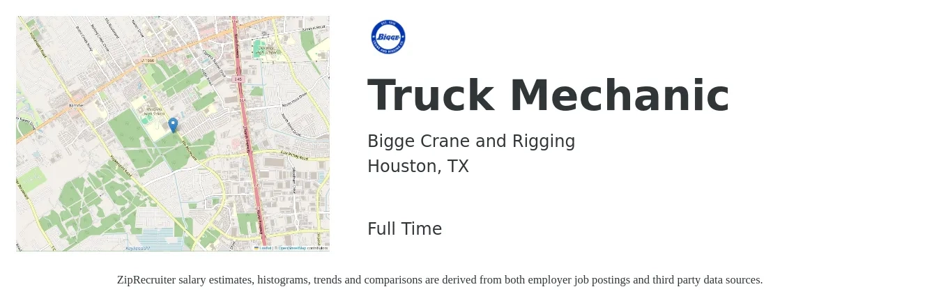 Bigge Crane and Rigging job posting for a Truck Mechanic in Houston, TX with a salary of $23 to $28 Hourly with a map of Houston location.