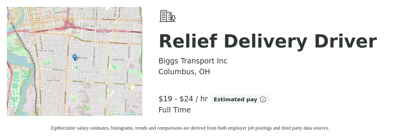 Biggs Transport Inc job posting for a Relief Delivery Driver in Columbus, OH with a salary of $20 to $25 Hourly with a map of Columbus location.