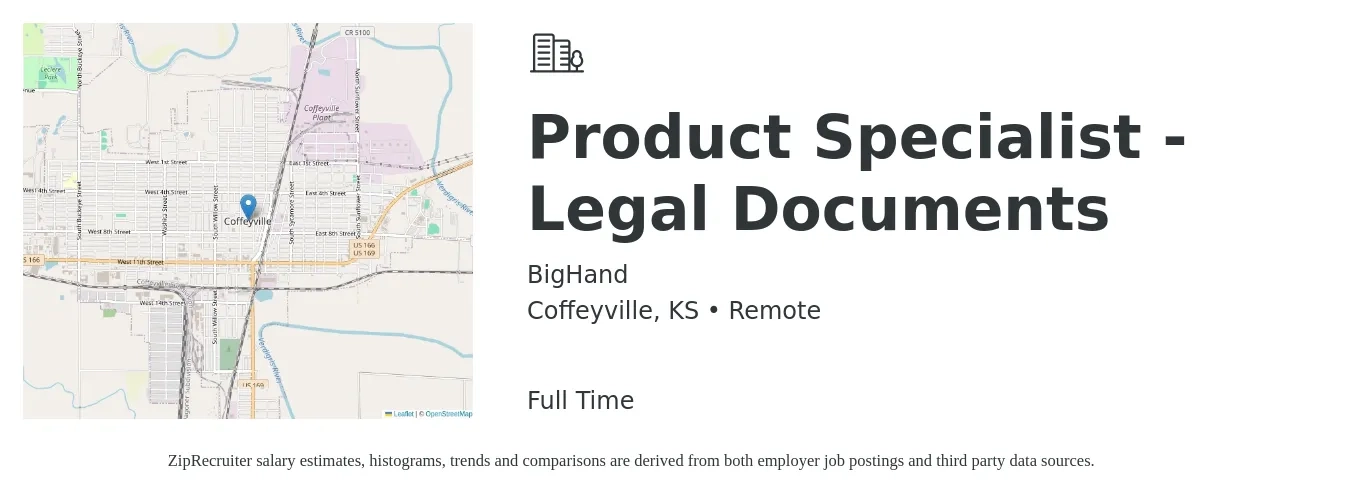 BigHand job posting for a Product Specialist - Legal Documents in Coffeyville, KS with a salary of $15 to $30 Hourly with a map of Coffeyville location.