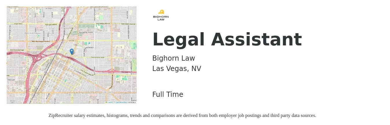 Bighorn Law job posting for a Legal Assistant in Las Vegas, NV with a salary of $36,300 to $52,500 Yearly with a map of Las Vegas location.