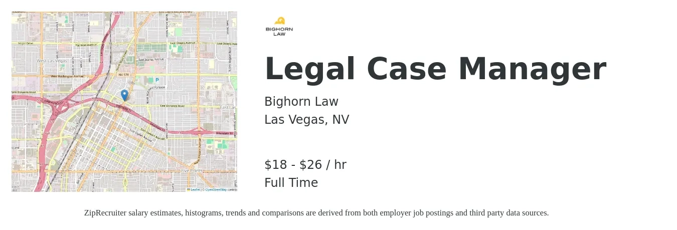 Bighorn Law job posting for a Legal Case Manager in Las Vegas, NV with a salary of $19 to $28 Hourly with a map of Las Vegas location.